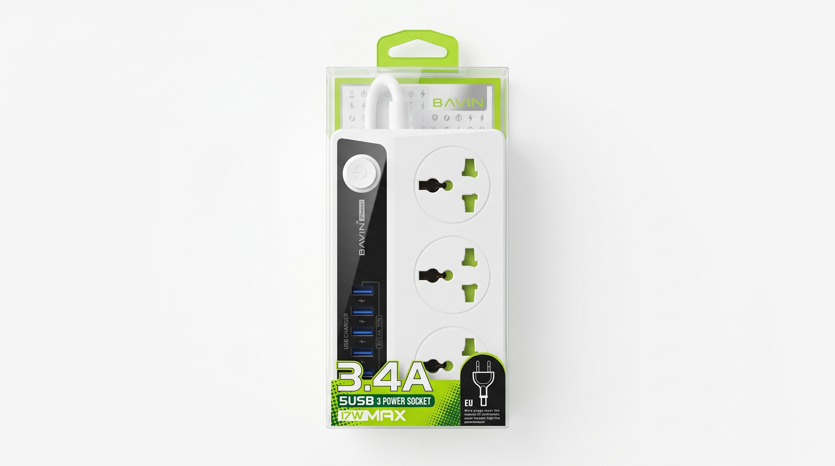 BAVIN PC-588 5-USB & 3-Socket Power Extension Strip